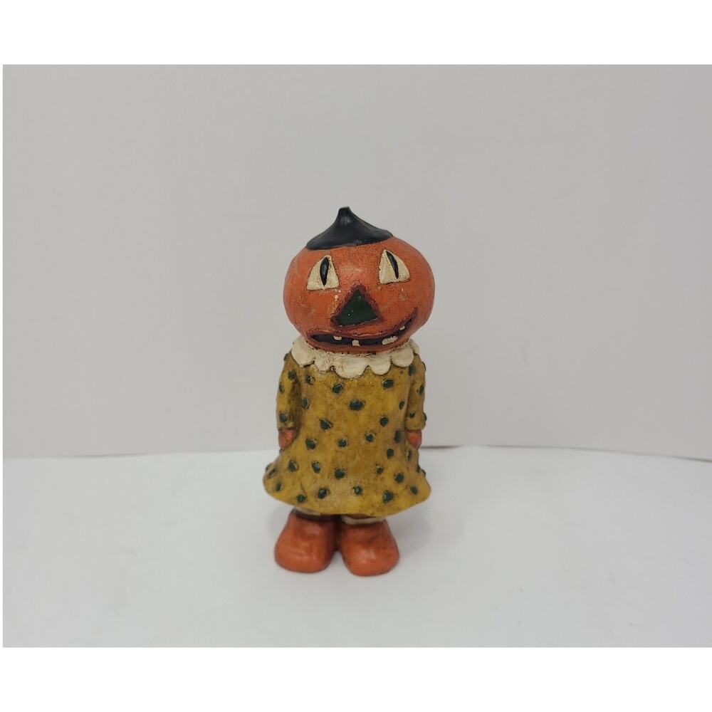 VTG Style Retro Halloween Female Pumpkin Resin Figure Decor 6" Jack O Lantern